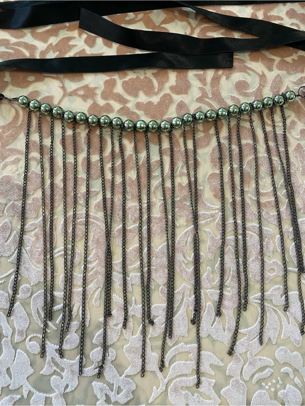 Vintage Y2K Black Ribbon w/ Silver Beaded Fringe Belt - Festival Whimsigoth Boho